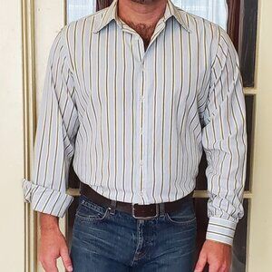 Vtg United Colors Of Benetton Button Down Long Sleeve Blue and Brown Shirt - Sli